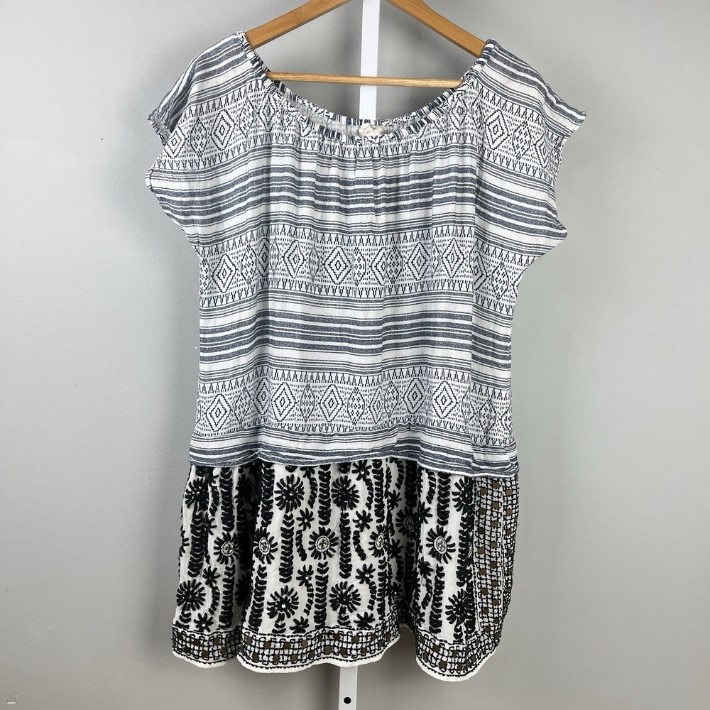 Muche et‎ Muchette Tunic Top Womens O/S One Size Blue Black Embroidered Boho